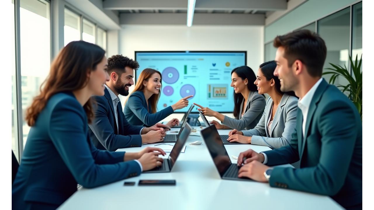 Group of diverse professionals looking confidently at a laptop, symbolizing teamwork and innovation in Canadian business.