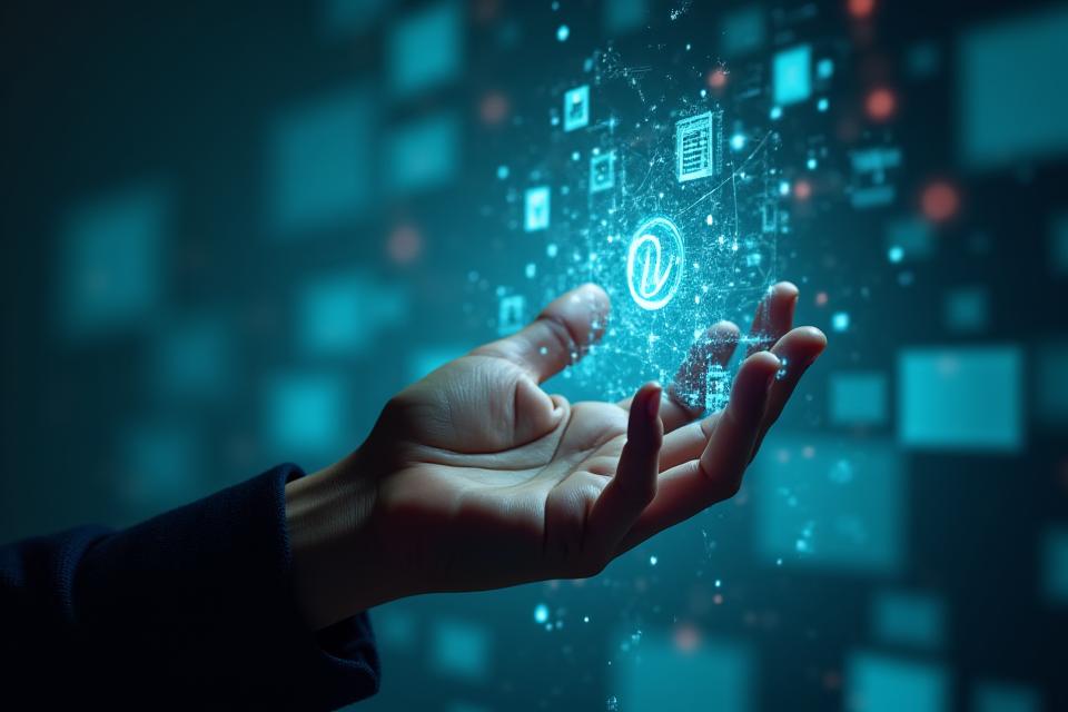 Close-up of a hand interacting with a holographic interface displaying data, symbolizing advanced technology and innovation.