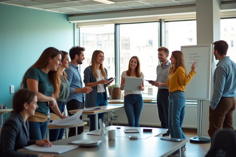 Diverse team collaborating in a modern, bright office, symbolizing a positive company culture.