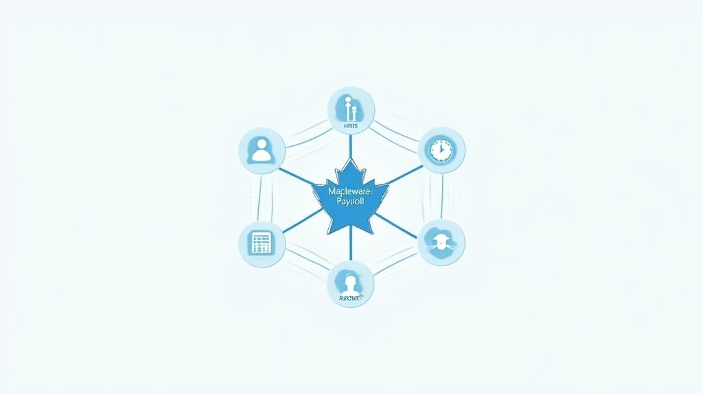 Diagram showing Maplewave Payroll Solutions as the central hub connecting to various external systems like HRIS, Accounting, CRM, and Time & Attendance platforms.