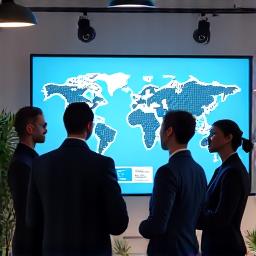 A diverse team of professionals in a modern, light-filled office setting, collaborating around a large screen displaying charts. Subtle Canadian elements like a small flag or maple leaf in the background. Focus on collaboration and expertise.
