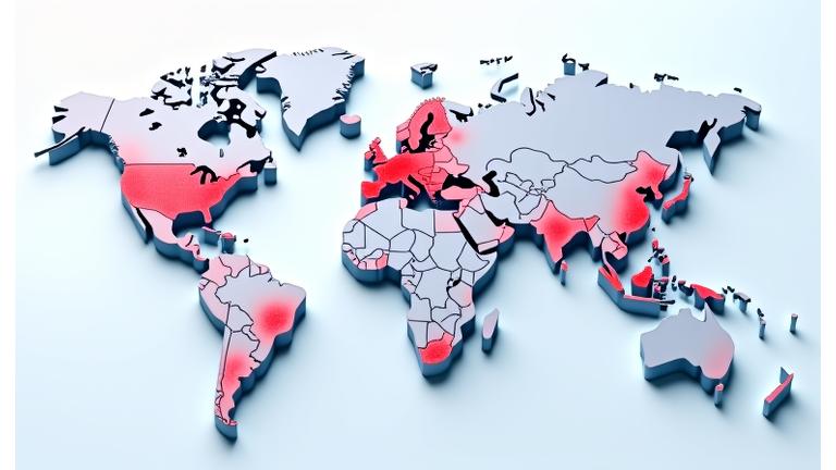 Interactive world map highlighting numerous countries in a distinct color, with tooltip showing '50+ Countries Covered' when hovered over North America, Europe, and parts of Asia, Africa, and South America.