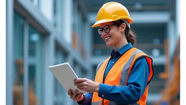 A smiling contractor receiving a digital payment, representing efficient payroll for a construction company.