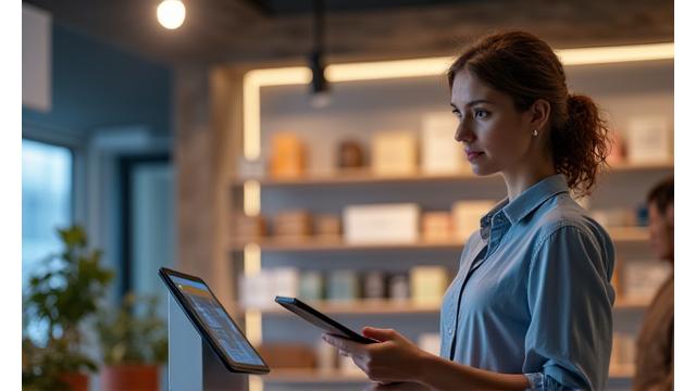 A small business owner using a tablet to manage inventory, representing the ease of managing retail operations with integrated payroll.