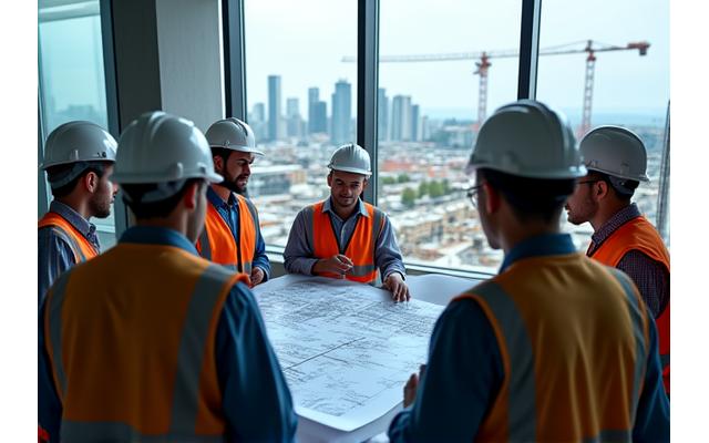 Construction workers overseeing a blueprint with a tablet, symbolizing specialized payroll for the construction industry.