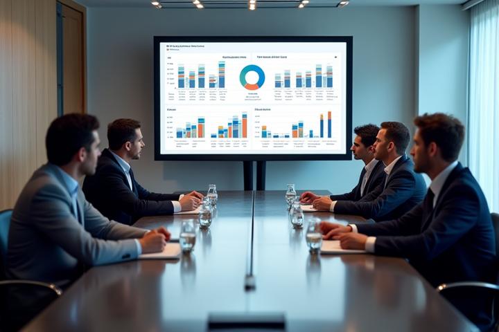 A professional board meeting in progress, with a screen displaying clear, summarized financial data and reports pertinent to nonprofit governance.