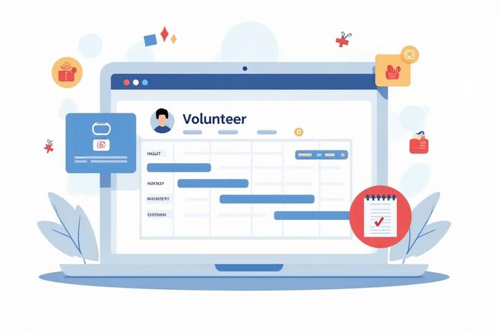 An infographic or dashboard showing volunteer hour tracking, digital forms for expense reimbursement, and icons representing community contribution.