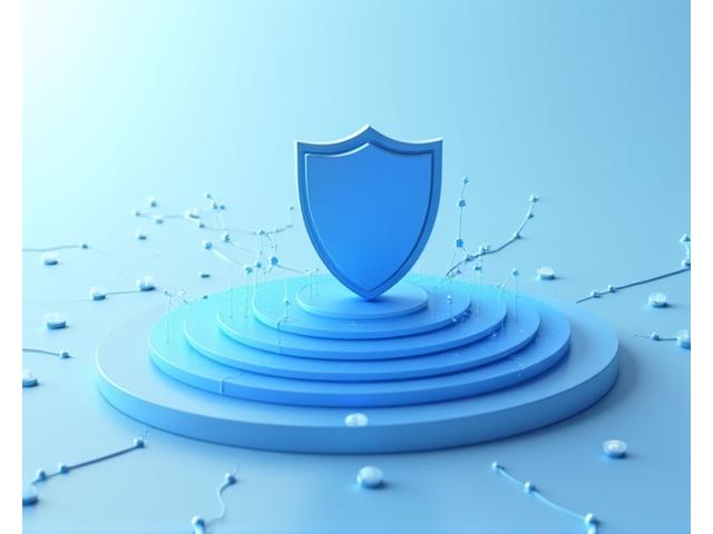 A digital shield icon overlaying a network of interconnected data points, representing data protection and cybersecurity.