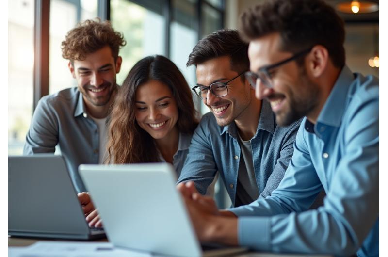 Happy small business multi-ethnic team discussing finances on a tablet with a maple leaf overlay, representing Canadian local expertise and modern payroll management.