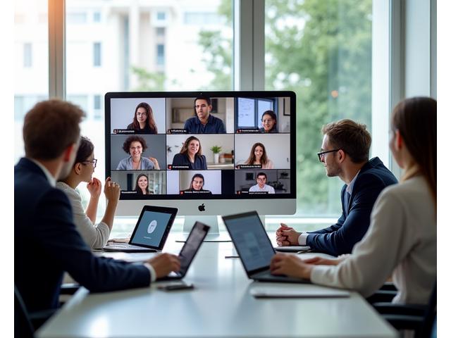 Diverse team members collaborating virtually on screens, representing a distributed workforce and seamless communication.