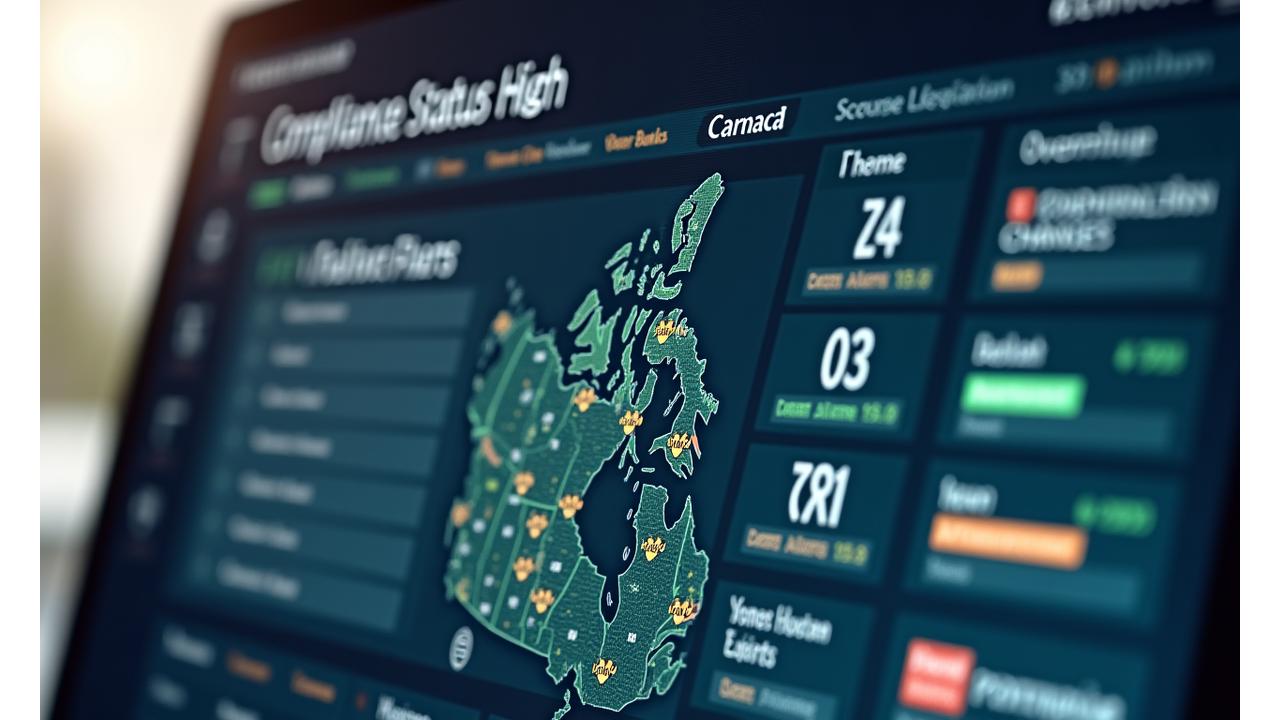 Dashboard mockup showing compliance alerts, a provincial map highlighting compliant and non-compliant zones, and real-time legal updates. Features a badge indicating a high compliance score.