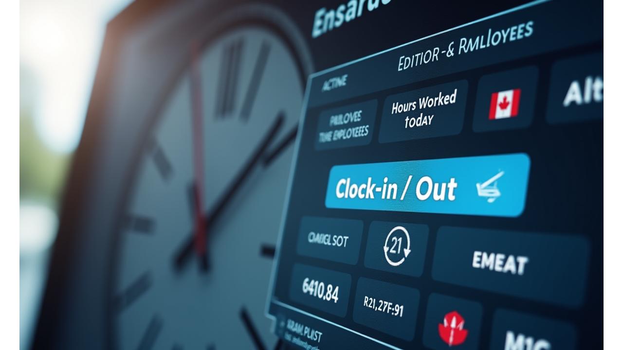 Interactive time tracking interface with a clear clock-in/out function and real-time dashboard visualization. Displaying Maplewave Payroll branding.
