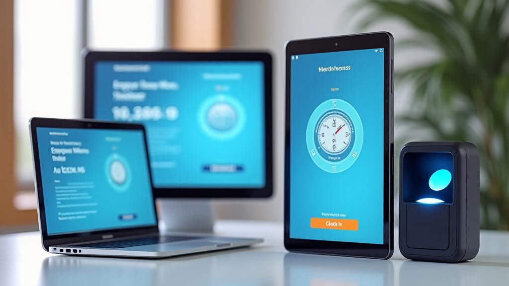 Multiple devices displaying time tracking interfaces: a smartphone with a clock-in app, a laptop with a web portal, a tablet showing a biometrics device interface. Aligned with modern office and field work settings.