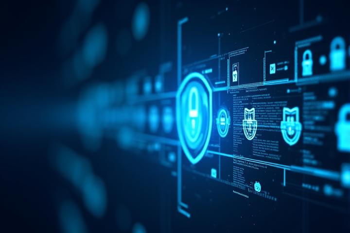 Abstract visualization of secure data flowing between integrated systems with lock icons